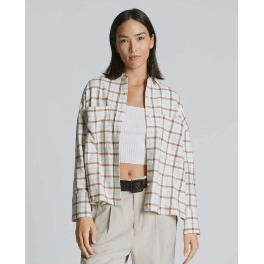 Everlane‎ NWT Flannel Boxy Shirt XS Cream Brown Plaid Button Up Womens Top